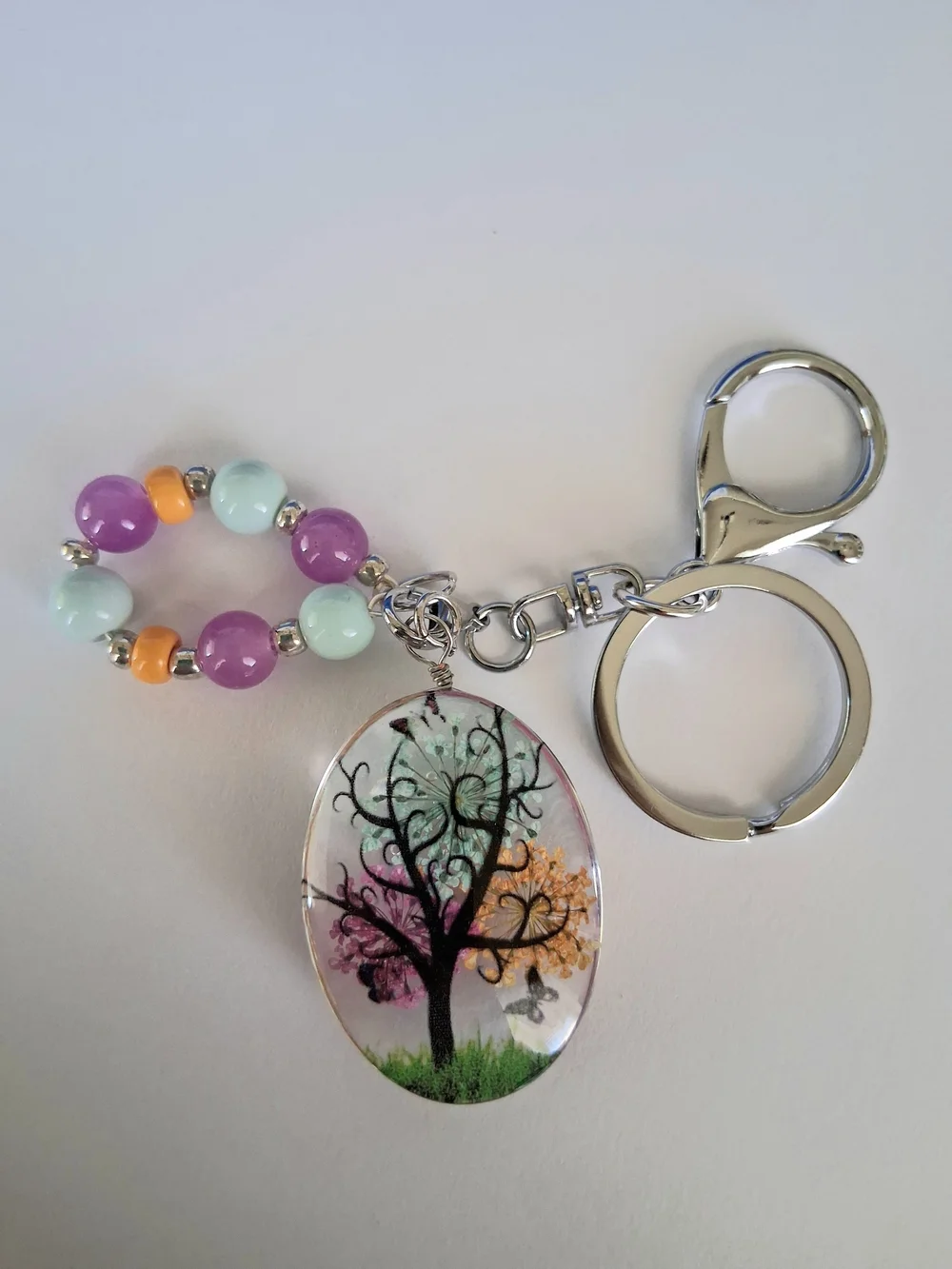 Resin Tree Floral Keychain with Pastel Bead Loop - Handmade